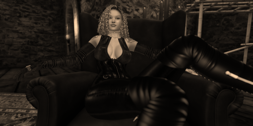 A Sepia Toned Image of Wynter lounging in a chair in a medieval dungeon